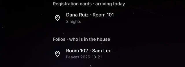 A guest's registration card arriving today and a folio for who is in the house, in Oneway OS