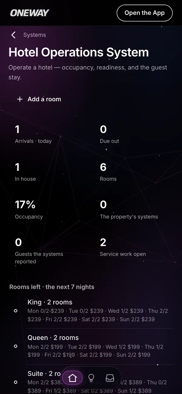 Hotel Operations in Oneway OS on a phone