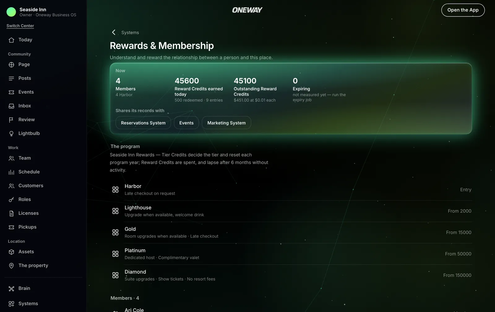 Rewards and Membership in Oneway OS, with sample records