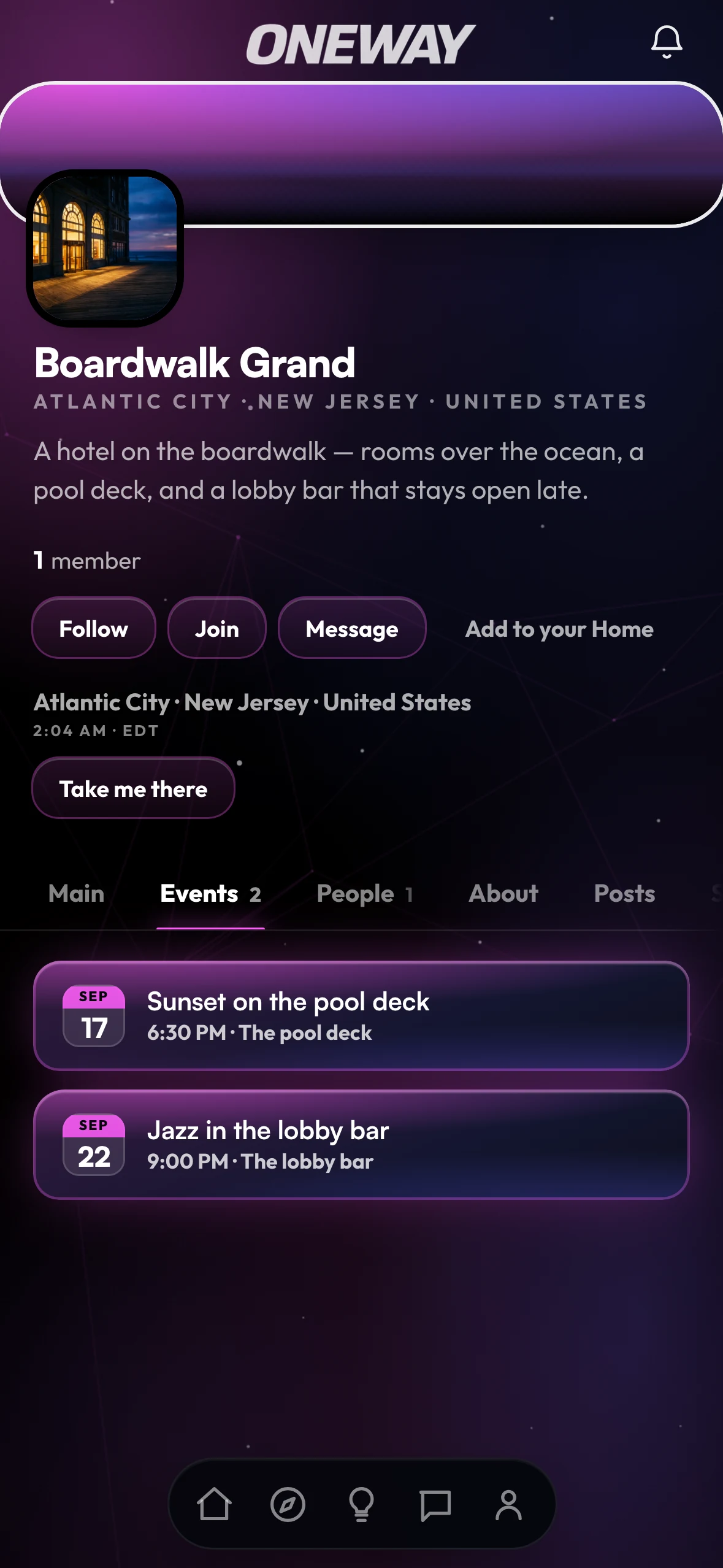 A Center's page in the Oneway App: Follow, Join and its Events, each one a person can answer